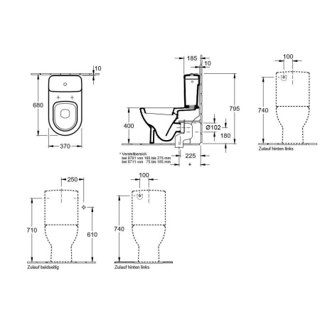Сливной бачок, Villeroy&Boch, Verity Design, ширина, мм-370, глубина, мм-185, высота, мм-410, смыв двойной, подк-ие сбоку/сзади, керамика, кнопка хром