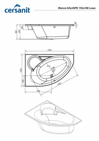 Ванна акриловая Cersanit KALIOPE 153x100x46 левая, ультра белая