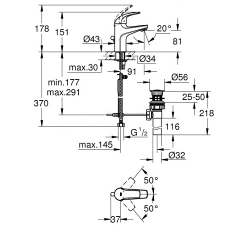 32805000 GROHE BauCurve Смеситель для раковины 81 мм, со сливным гарнитуром