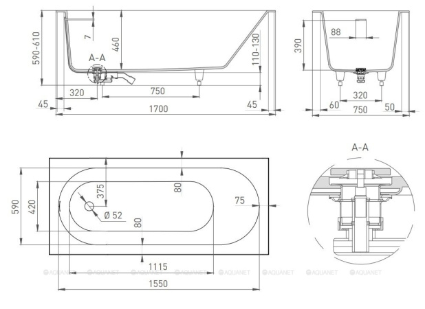 ORNELLA  Kit 170 встраиваемая ванна Размеры: 1700 х 750 х 590/610 мм, S-Stone (Solix), Тип покрытия:Матовое 102421M