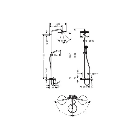 26792000 HG Croma Select 280 Air 1jet Showerpipe для ванны с термостатом 