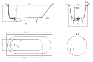 ORNELLA KIT 176x80 Встраиваемая ванна с овальной чашей, регулируемые ножки, донный клапан Up&Down белый, сифон, интегр. слив-перелив, S-Sense, матовый