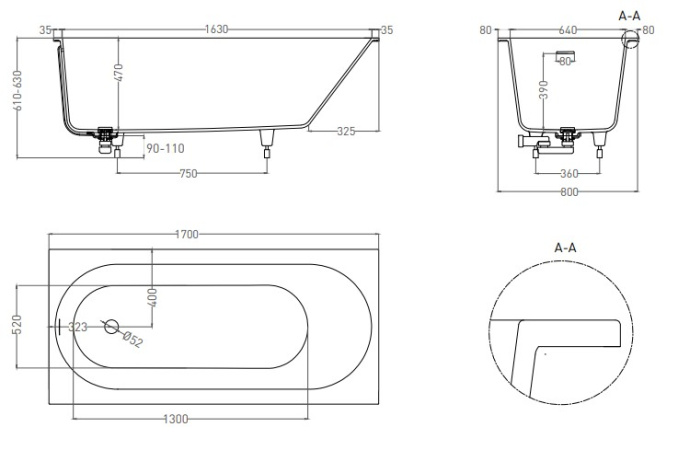 ORNELLA KIT 176x80 Встраиваемая ванна с овальной чашей, регулируемые ножки, донный клапан Up&Down белый, сифон, интегр. слив-перелив, S-Sense, матовый