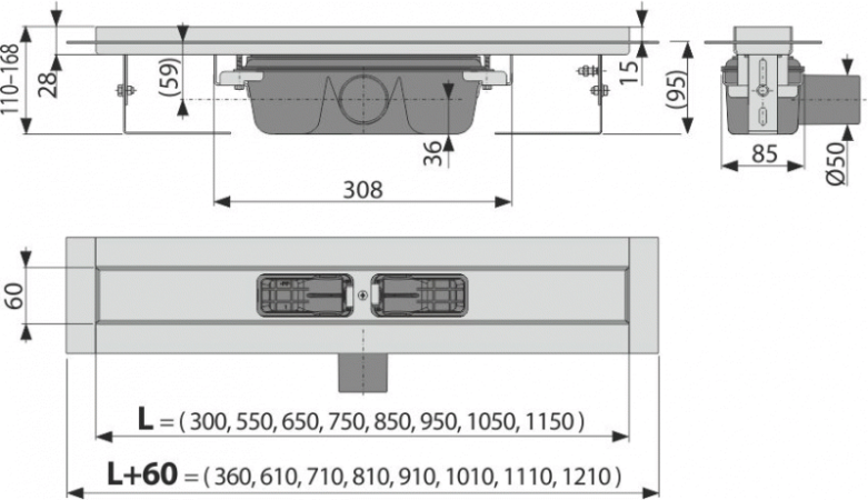 APZ6-950 Professional ВОДООТВОДЯЩИЙ ЖЕЛОБ С ПОРОГАМИ ДЛЯ ЦЕЛЬНОЙ РЕШЕТКИ (сталь)