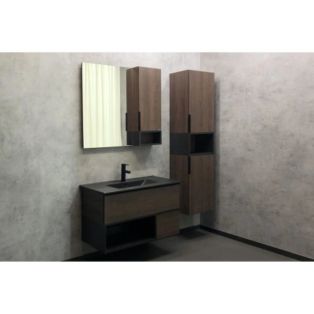 COMFORTY Тумба-умывальник "Франкфурт-90" дуб шоколадно-коричневый с раковиной  COMFORTY 90E черная матовая