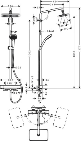 27630000 HG Croma E 280 1jet Душевая система Showerpipe с термостатом для душа, хром