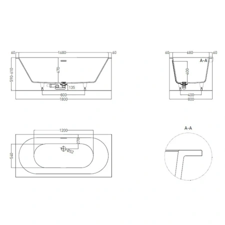 ORNELLA AXIS KIT 176x80 Встраиваемая ванна с прямоугольной чашей, регулируемые ножки, донный клапан "Up&Down" белый, сифон, интегрированный слив-перел