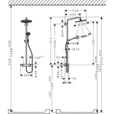 26890990 HG  Croma Select S Showerpipe 250 1jet с термостатом и ручным душем Raindance Select S 120 3jet. полированное золото