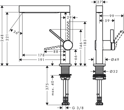 76060670 HG Смеситель для раковины Finoris, однорычажный, 230 с поворотным изливом, со сливным клапаном Push-Open