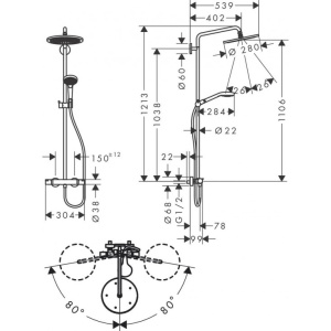 26890700 HG Croma Select S Showerpipe 280 1jet с термостатом и ручным душем Raindance Select S 120 3jet, матовый белый 