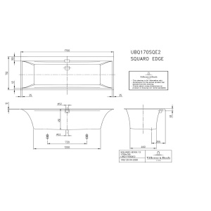 Ванна, Villeroy&Boch, Squaro Edge 12 Duo, шгв 1700*750*450, цвет-белый, слив-перелив и ножки в комплекте